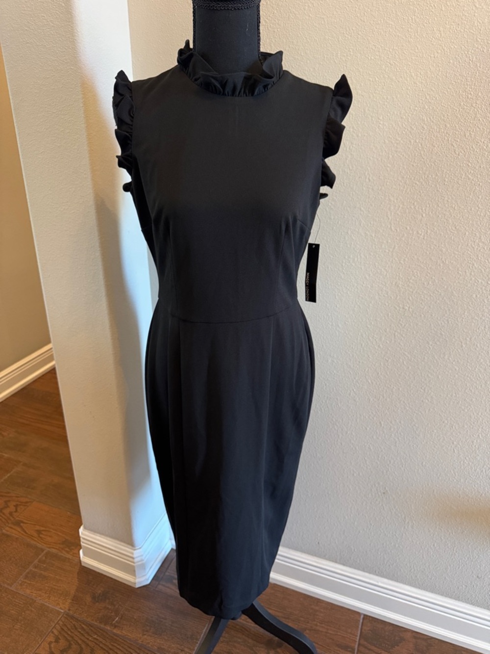 Maggy London Black Ruffle Midi Dress 6 NWT